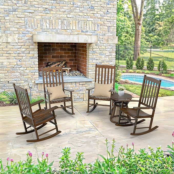 Nouva All-Weather Patio Rocking Chair, Solid Wood High Back Outdoor Porch Rocker Lounge Camping Chair for Porch Patio Fire Pit Garden Backyard Deck Poolside Lawn,Natural