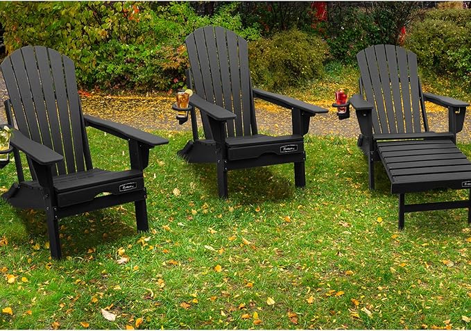 FUNBERRY Adjustable Folding Adirondack Chairs Set of 2 with Retractable Ottoman, All Weather Fire Pit Chairs with Cup Holder