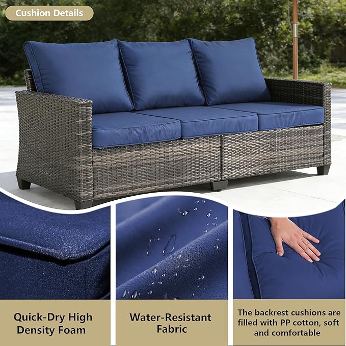 All Weather Patio Sofa, 3 Seat Outdoor Couch with High Back and Thick Cushions - Photo 3