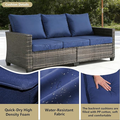 All Weather Patio Sofa, 3 Seat Outdoor Couch with High Back and Thick Cushions,Outdoor Sofa Furniture with Premium Wicker for Garden, Backyard, Porch,Dark Blue