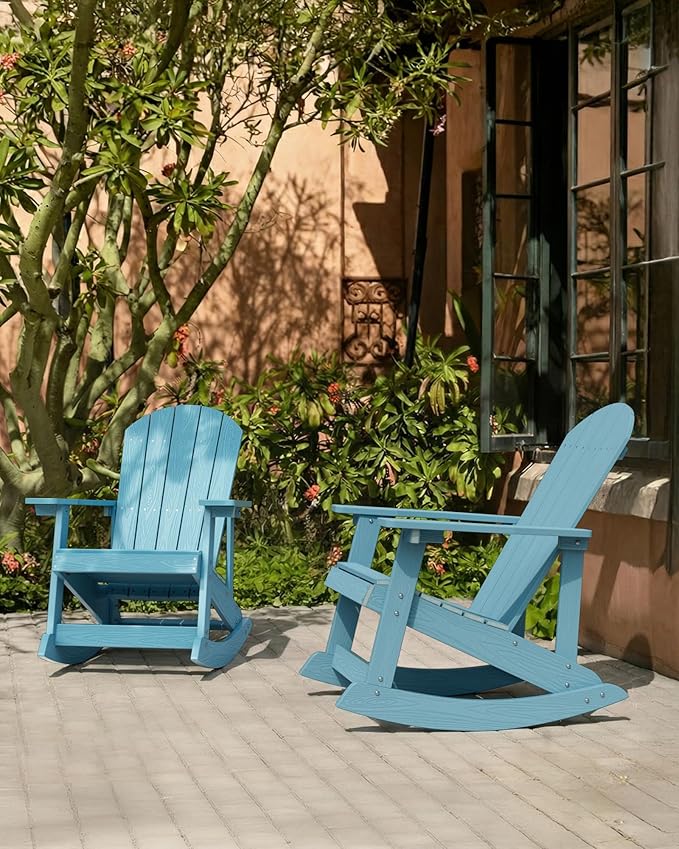 YEFU Outdoor Rocking Chair,Adirondack Rocking Chair,Patio Rocker Chair with Wide Back,Oversized Rocker Chair Look Like Real Wood, for Lawn, Porch, Backyard, Indoor and Garden(Blue)