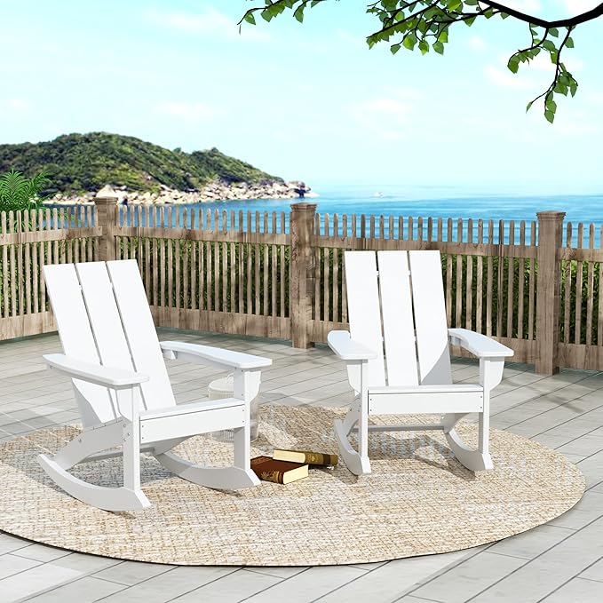 WO WESTIN OUTDOOR HDPE Shoreside Modern Rocking Poly Adirondack Chair (Set of 2),White