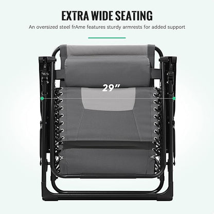 JEAREY Oversized Padded Zero Gravity Chairs, Folding Lounge Chair Outdoor Patio Recliner, Anti Gravity Chair for Backyard with Headrest, Cup Holder, Side Tray, Polyester Mesh - Gray/Light Gray