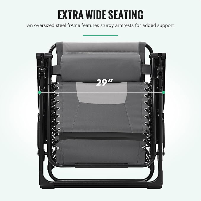 JEAREY Oversized Padded Zero Gravity Chairs Set of 2, Folding Lounge Chair Outdoor Patio Recliner, Anti Gravity Chair for Backyard - Gray/Light Gray