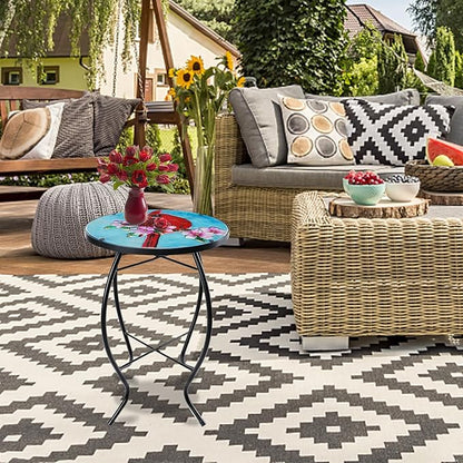 MUMTOP Side Patio Tables-Mosaic Outdoor Side Table - 14’’ Cardinal Glass Accent Round EndTable, Plant Stand Indoor Small CoffeeTable for Garden or Living Room Decor