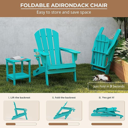 BRIOPAWS Folding-Adirondack-Chairs Set of 4 | HDPE Plastic | Fire Pit Chair | Cup Holder | Curved Back | All Weather | for Outdoor Backyard Deck Patio | Aqua