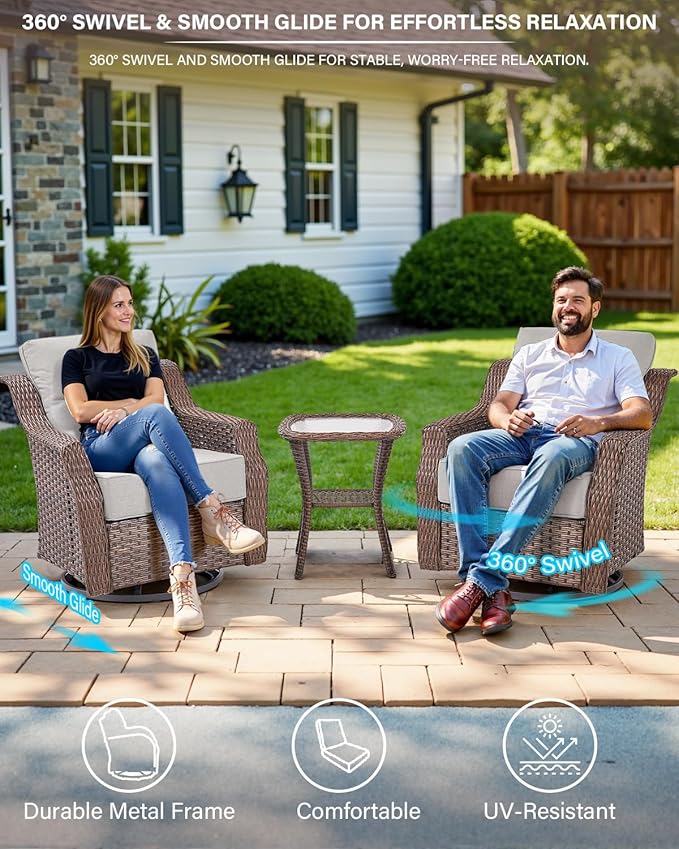 Belord 5 Piece Wicker Patio Furniture Set with Ottoman - High Back Outdoor Swivel Rocker Glider Chairs with Glass Top - Photo 3