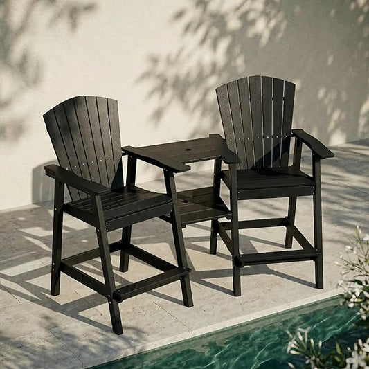 Kingdura Upgraded Tall Adirondack Chairs Set of 2, Weather Resistant HDPE Bar Height Outdoor Stools with Removable Double Connecting Trays, Wooden Grain for Patio, Balcony, Deck (Black)