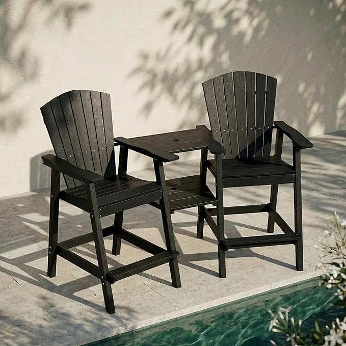 Kingdura Tall Adirondack Chairs Set of 2 with Removable Connecting Tray & 2" Umbrella Hole, Weather-Resistant HDPE Bar Height Outdoor Chairs, Wood-Look Balcony Bar Stools for Patio, Deck (Black)