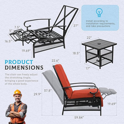 Incbruce 2 Pieces Outdoor Lounge Recliner Set, Adjustable Metal Recliner Sofa Chair and Umbrella Stand Side Square Table Suitable for Garden, Pool, Yard (Red)