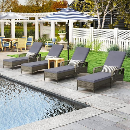 Wicker Chaise Lounge Chair, Patio Rattan Recliner with 6-Position Adjustable Backrest, Soft Cushions, Removable Lumber Pillow & Armrests, Lounger Chair for Poolside & Backyard (Gray)
