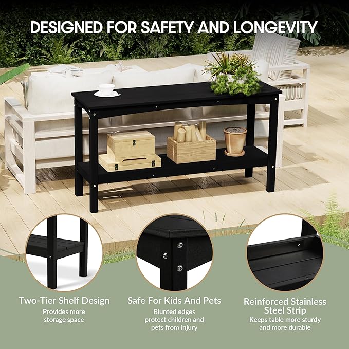 WestinTrends Malibu 55" Outdoor Patio HDPE Adirondack 2-Tier Shelf Console Table, Black