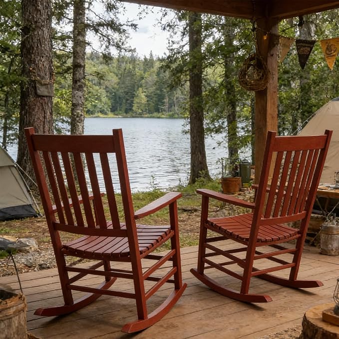 2Pcs Wooden Rocking Chairs, Wood Classic Slatted Patio Porch Rockers for Porches, Backyards, Poolside Balconies, Decks(Red)