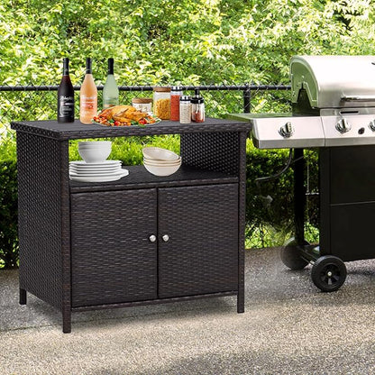 Kinfant Outdoor Wicker Storage Cabinet, Patio Bar Table with Two Doors and Shelves, Weatherproof Wicker Storage Console Table for Outdoor Sofas, Patio Pool Garden Kitchen (Brownish Black)