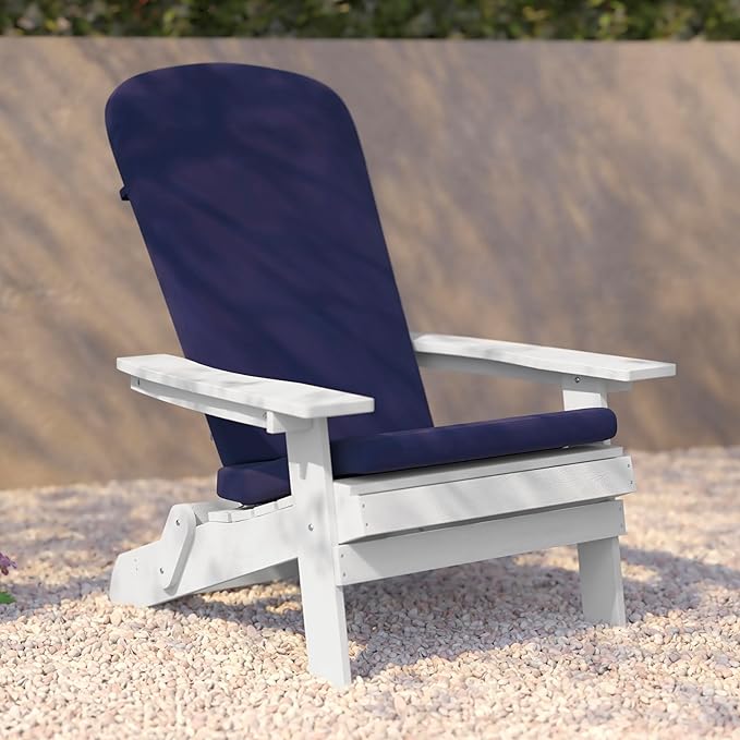 Flash Furniture Charlestown Folding Adirondack Chairs Poly Resin Frame-All-Weather Cushions-Indoor/Outdoor Use, Set of 2, White/Blue