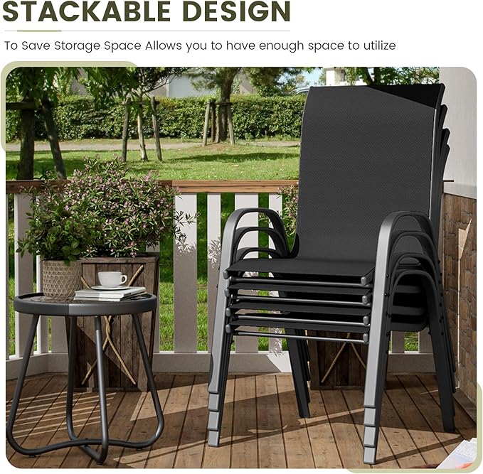 UDPATIO Patio Chairs Set of 4, Stackable Outdoor Dining Chairs for All Weather, Outdoor Furniture with Breathable Textilene Fabric, 350LBS Capacity, for Garden, Backyard, Deck (Black)