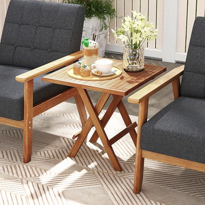 Tangkula Patio Side Table Folding, Teak Wood Square Coffee Table w/X-Shaped Legs & Slatted Tabletop, Portable & Compact Outdoor End Table for Backyard, Deck, Lawn