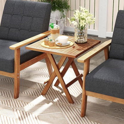 Tangkula Patio Side Table Folding, Teak Wood Square Coffee Table w/X-Shaped Legs & Slatted Tabletop, Portable & Compact Outdoor End Table for Backyard, Deck, Lawn
