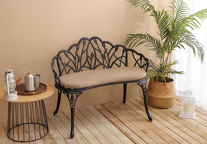 Tulip Patio Garden Bench Metal Park Bench Cast Aluminum Outdoor Furniture with Floral Rose for Patio,Park,Lawn,Yard Black Withe Cushion