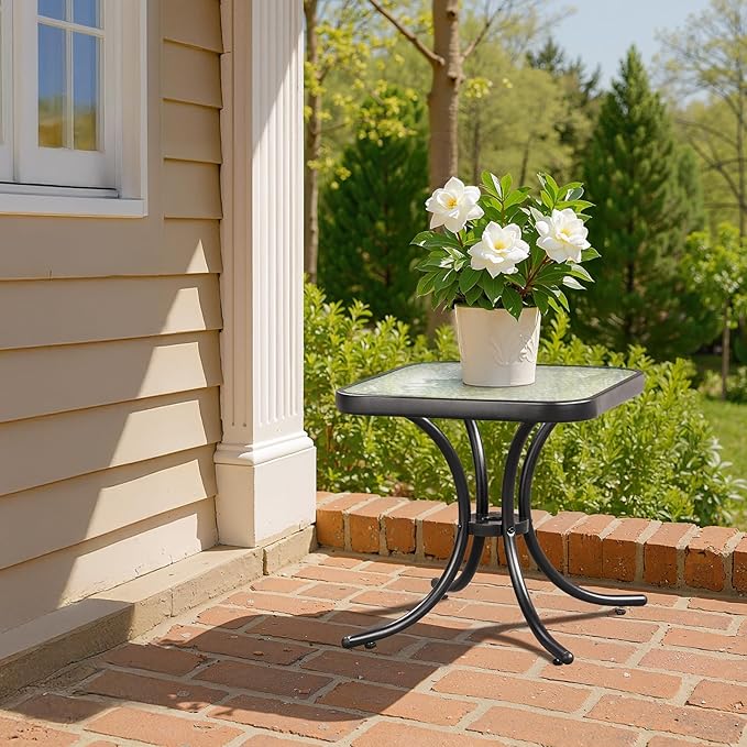 VINGLI Outdoor Side Table, 18" Patio Table Steel Frame Tempered Glass Top, Weatherproof Small Tables for Balcony Garden Poolside (Black, Square)