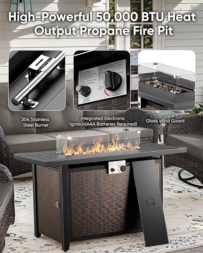 5 Pieces Patio Furniture Set with Fire Pit Table-All Weather Rattan Wicker Outdoor Glider Bench with Outdoor Swivel Chair Outdoor Furniture for Deck Porch Garden Balcony Poolside-Brown/Grey