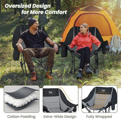 ABORON Oversized Rocking Camping Chair for Adults, Fully Padded Folding Outdoor Lawn Chair with Cooler Bag & Side Pocket, Portable Recliner Chair for Camp, Patio, Backyard, Supports 400 lbs
