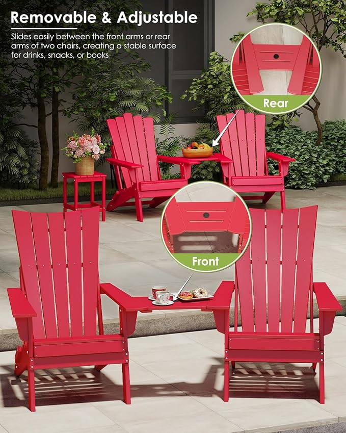 GREENVINES Folding-Adirondack-Chairs-Set-of-2 | HDPE Plastic | Arch Series | Fire Pit Chair | with Connecting Tray | Removable Table | All Weather | for Outdoor Patio Deck Poolside | Red
