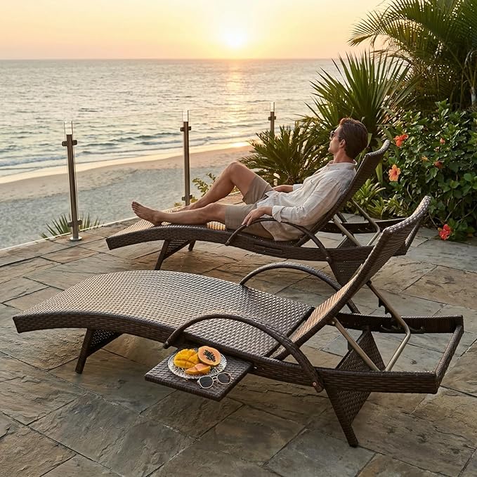 80.3" Chaise Lounge Outdoor Set of 6, Wicker Pool Lounge Chairs Outdoor with Pull-Out Side Table - Photo 4