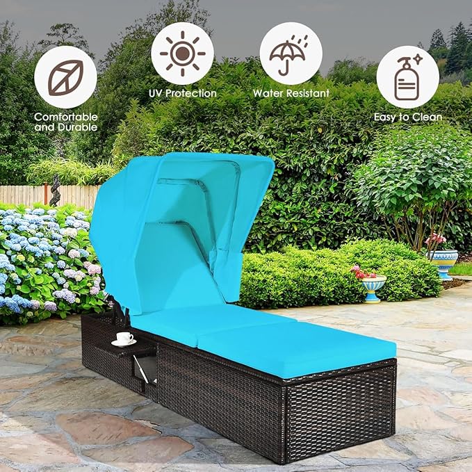 COSTWAY Patio Rattan Lounge Chair Chaise Cushioned Top Canopy Adjustable Turquoise - Photo 6