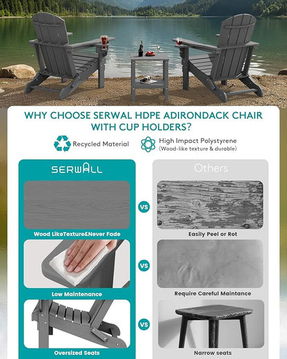 SERWALL Folding Adirondack Chair, Dual Cup Holders & All-Weather HDPE, Wood-Like Patio Chair for Backyard, Camping，Pool & Fire Pit- Grey