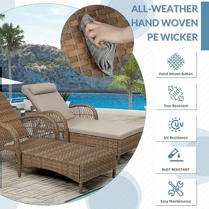 3 Piece Patio Chaise Lounge Set, Outdoor Patio Furniture Modern Lounge Chairs Set of 2 with Side Table & 6-Position Adjustable Backrest, Durable PE Wicker, Weather Resistant Cushions, Beige