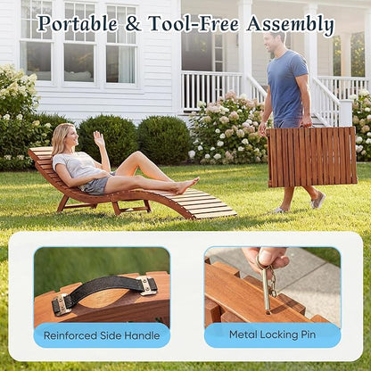 Flamaker Lounge Chairs for Outside Folding Acacia Wood Chaise Lounge with Side Handle Sun Lounger for Poolside, Lawn, Backyard (1 Piece)
