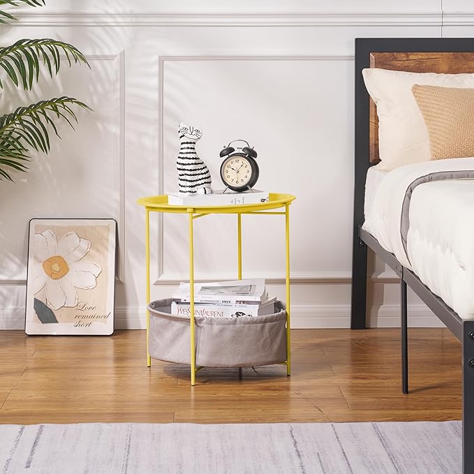 VECELO Round Side/End Table with Fabric Storage Basket，Metal Anti-Rust and Waterproof Small Bedside Nightstand with - Photo 5