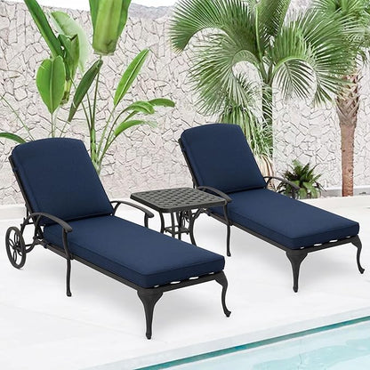 HOMEFUN Chaise Lounge Chair Outdoor - Poolside Chairs Set of 2 with Cushion and 1 Patio Side Table Cast Aluminum Waterproof Lounger with Wheels and Adjustable Reclining (Navy Blue Cushion)