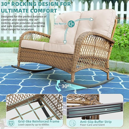 MEETWARM Outdoor Double Rocking Chair with Coffee Table, Oversized Loveseat Rocker with Thick Cushion for 2-Person，All-Weather 600 lbs Heavy Duty Rocking Bench Large Loveseat Patio Sofa for Garden
