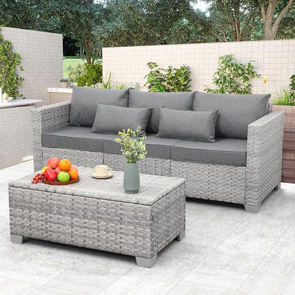 WAROOM Patio Coffee Table PE Wicker Ourdoor Storage Table, All Weather Resin Rattan Table with Storage for Garden Backyard Porch Poolside, Grey