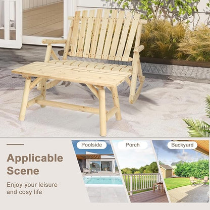 Patio Wooden Rocking Bench, Outdoor Conversation Sets with 2-Seater Adirondack Porch Rocker Loveseat and Coffee Table, Patio Rustic Log Rocker Bench for Deck, Backyard, Garden, Natural