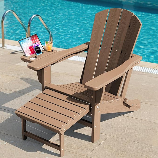 KINGYES Folding Adirondack Chair, Adjustable Backrest with Pull-Out Footrest & 4-in-1 Mobile Phone, Tablet, Cup Holder