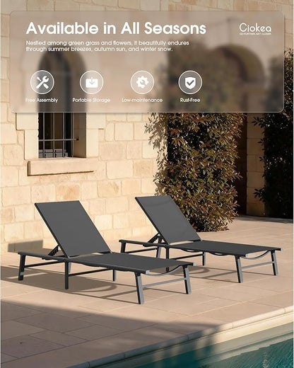 Ciokea Foldable Outdoor Lounge Chair Set of 2, No Assembly Aluminum Chaise Lounge Outdoor with 5 Adjustable Positions, Pool Lounge Chairs with Portable Design for Pool, Beach, Deck, Patio, Grey