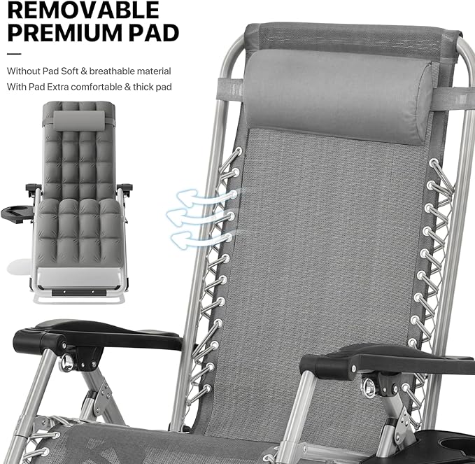 MoNiBloom Beach Chaise Lounge Chair, Patio Folding Recliner with Removable Cushion, Headrest & Tray - Photo 4
