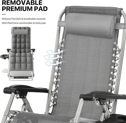MoNiBloom Beach Chaise Lounge Chair, Patio Folding Recliner with Removable Cushion, Headrest & Tray, Portable Tanning Sunbathing Chair for Poolside Beach Porch Yard, Reinforced Bar, 330lbs Grey