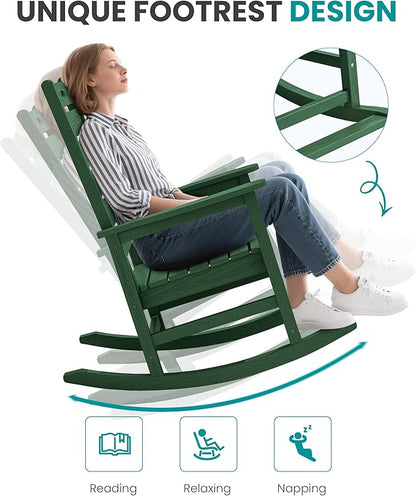 SERWALL Outdoor Rocking Chair Set of 2, Oversized Rocking Chair with Footboard for Adults, HDPE All Weather Resistant Rocking Chairs for Patio, 350lbs Weight Capacity,Green