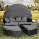 Outdoor Patio Furniture Canopy Daybed Round Sofas, 4 Pieces Seating Separates Cushioned Seats, Black Wicker - Photo 1