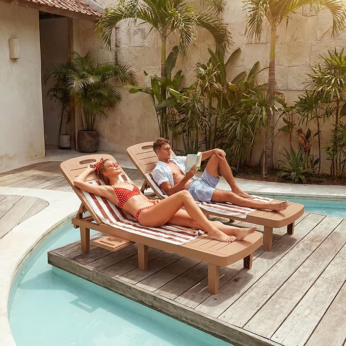 Outdoor Chaise Lounge Set of 6, 5-Position Adjustable Sun Lounge w/Pull-Out Tray, Waterproof PP Lounge Chairs for Outside, Lounge Chairs for Poolside, Patio, Beach, Yard in All Weather,Brown