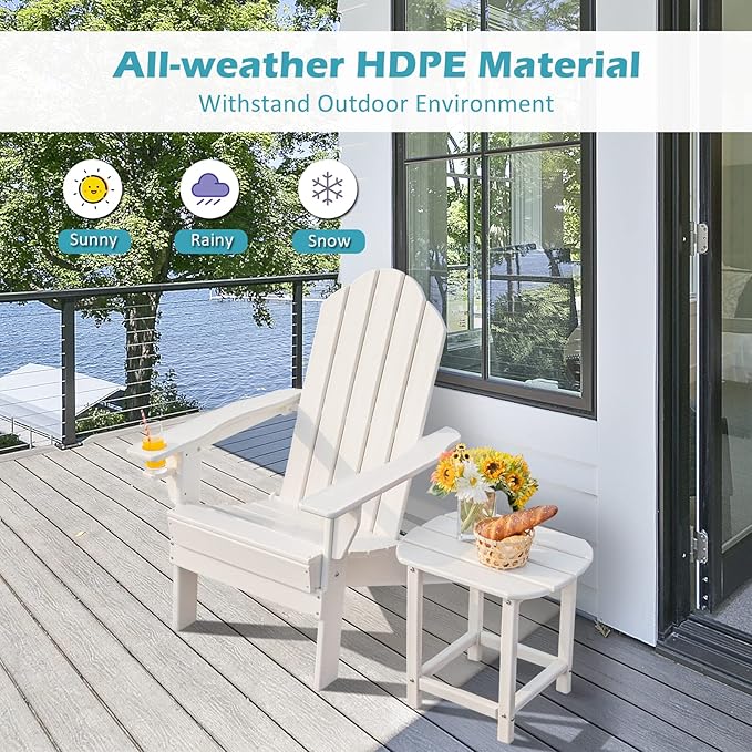 Tangkula Outdoor Folding Adirondack Chair, HDPE Armchairs with Cup Holder, Weather Resistant Lounger Chair for Patio Garden Fire Pit Backyard, Lawn Porch Seating, Adirondack Lounger (4, White)