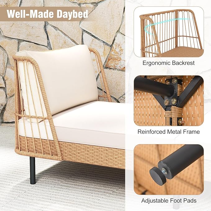 Tangkula Patio Rattan Daybed Set of 2, Boho Outdoor Wicker Lounge Sofa with Seat & Back Cushions - Photo 6