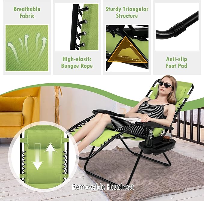Tangkula Set of 2 Zero Gravity Chair, Folding Patio Lounge Chair Adjustable Outdoor Recliner with Cup Holder, Wide Armrest for Patio Garden Poolside Outdoor Yard Beach, Support 350 lbs (2, Green)