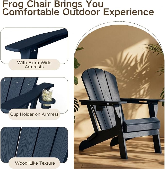 Kingdura Folding Adirondack Chairs Set of 2, Portable HDPE All Weather Resistant Outdoor Patio Chair, Wooden Textured with Cup Holder, 380LBS Capacity for Poolside, Backyard, Fire Pit (Navy Blue)