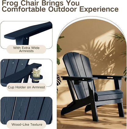 Kingdura Folding Adirondack Chairs Set of 2, Portable HDPE Outdoor Patio Chair with Wooden Textured & Cup Holder, Weather Resistant, 380LBS Capacity for Pool, Backyard, Balcony, Fire Pit (Navy Blue)