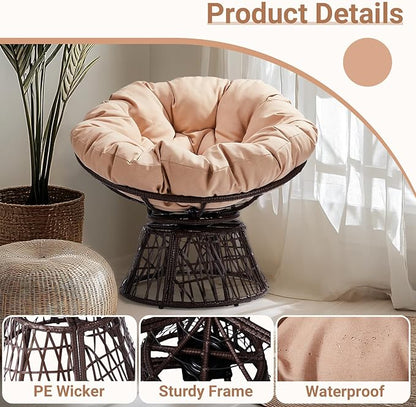 VINGLI Outdoor Papasan Chairs with Thick Cushions 360 Degree Swivel Chair, Patio Chairs Lounge Chair Rading Chair for Balcony, Yard, Porch (Brown)